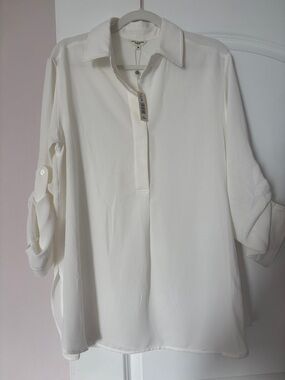 Max Studio Cream Long-Sleeve Collared Blouse